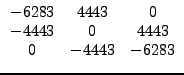 $\displaystyle \begin{array}{ccc}
-6283 & 4443 & 0 \\
-4443 & 0 & 4443 \\
0 & -4443 & -6283
\end{array}$